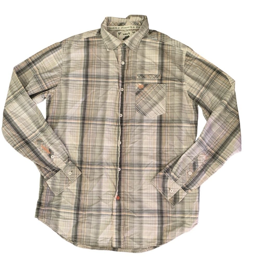 Planet Earth Organic 100% Cotton Tan Beige Plaid Long Sleeve Collared Button